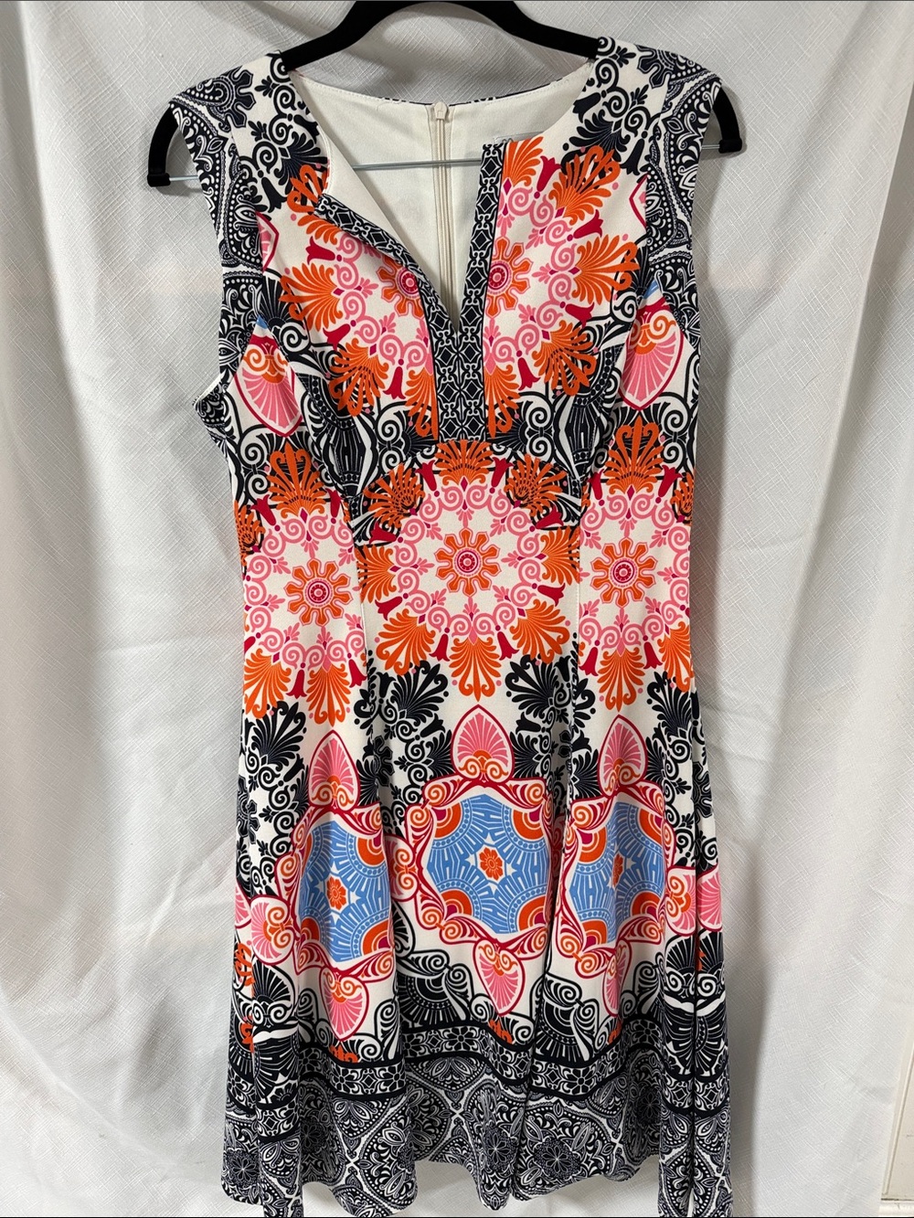 Sleeveless Pink & Orange Printed Midi Dress with Black Accents
